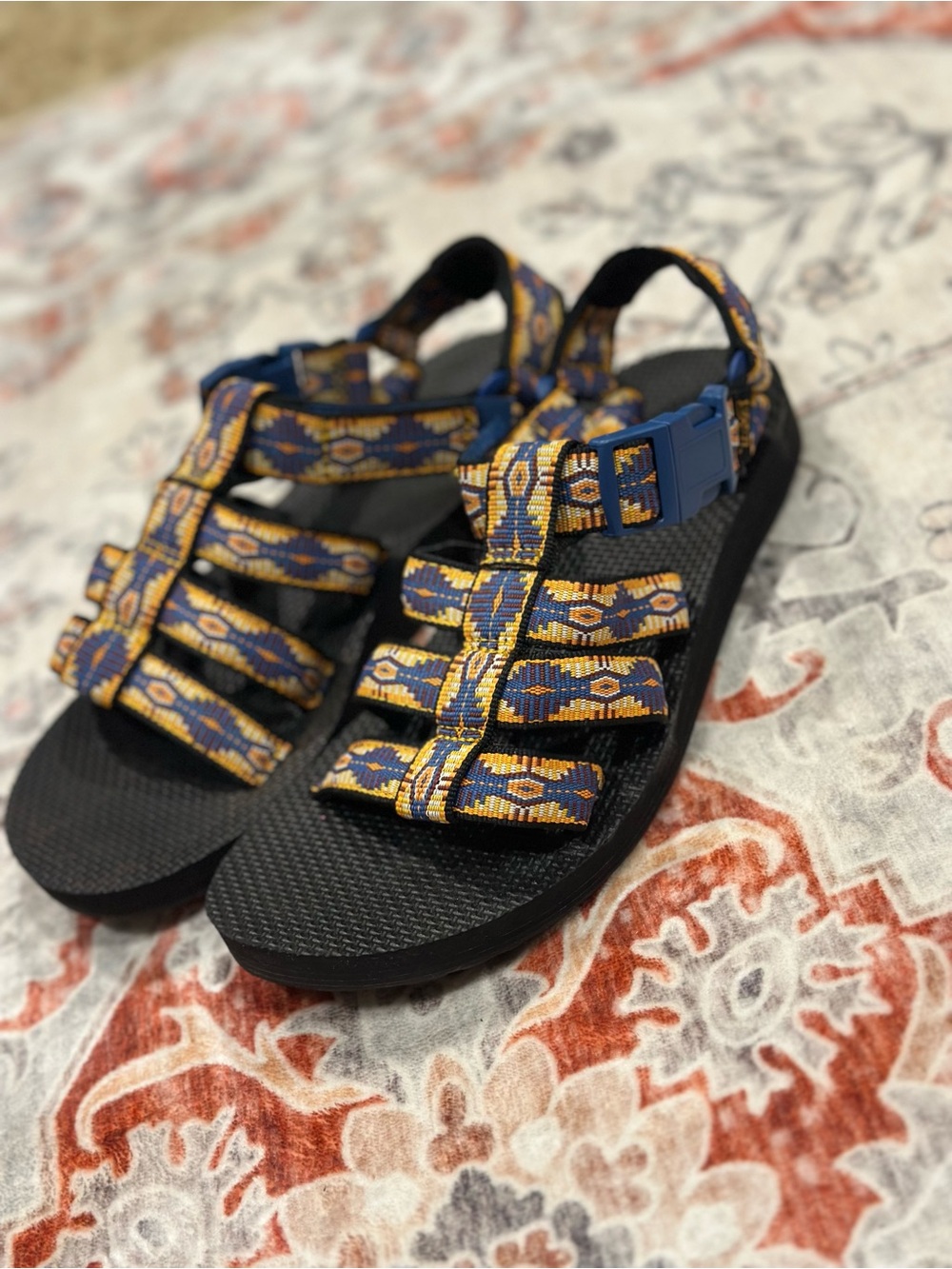 Women's Navy and Gold Patterned Strap Sandals